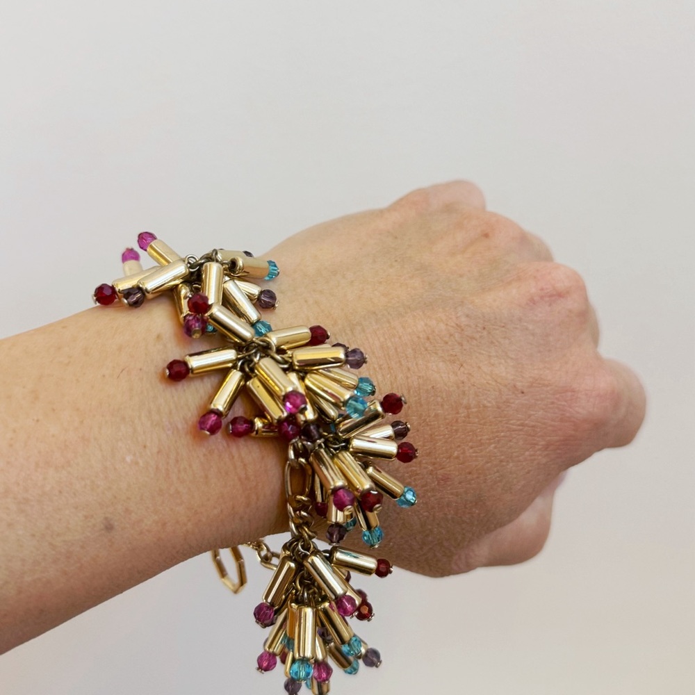 OPC Off Park Collection Gold Tone Pink Blue Purple Beaded Starburst Bracelet 7”